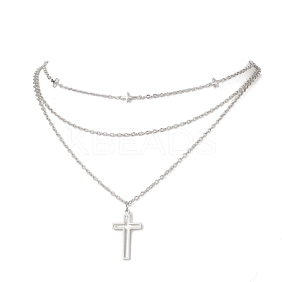 304 Stainless Steel Religion Cross Pendant 3 Layer Necklaces for Women NJEW-JN05480-1