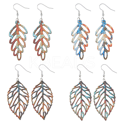 4 Pairs 4 Style Wood Hollow Leaf Dangle Earrings EJEW-FI0001-95-1