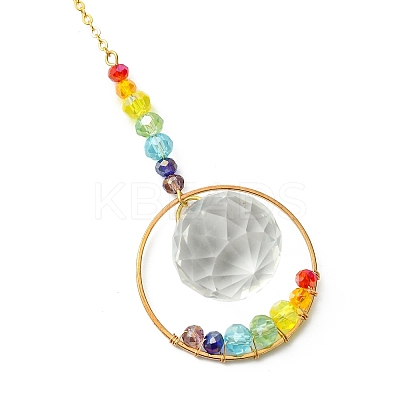 7 Chakra Glass & Brass Ring Suncatcher with Clear Round Charm HJEW-JM04940-1