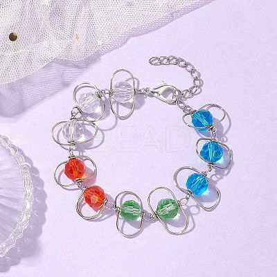 Copper Wire Wrapped Colorful Faceted Glass Round Bead Link Bracelets for Women BJEW-JB10320-1