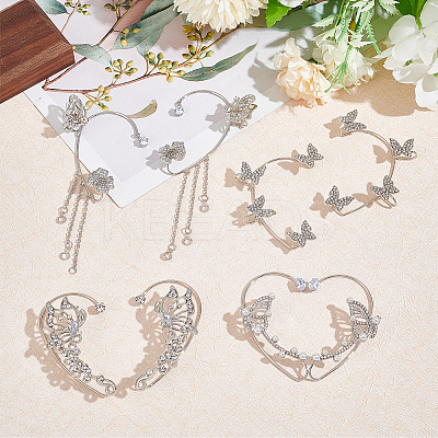 4 Pair 4 Style Butterfly Alloy Rhinestone Cuff Earrings EJEW-AN0003-81-1