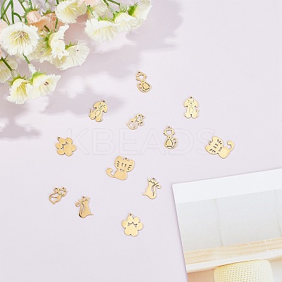 12Pcs 6 Styles 201 Stainless Steel Kitten Pendants STAS-SC0002-56G-1