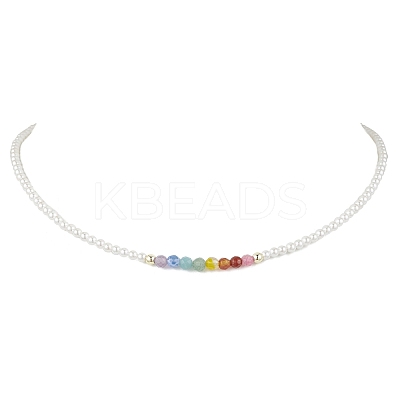 3mm Round Chakra Gemstone & Shell Pearl Beaded Necklaces for Women NJEW-JN05190-1
