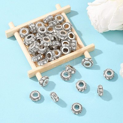 Flat Round Antique Silver Plated Alloy Rhinestone European Beads ALRI-Q228-10H-1