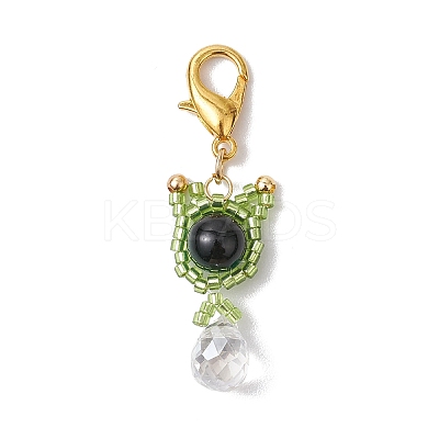 Natural Tiger Eye & Glass Seed Beaded Cat Pendant Decoration HJEW-MZ00157-06-1