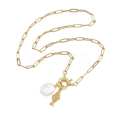 Ocean 304 Stainless Steel Fish and Natural Baroque Keshi Pearl Coin Bead Pendant Paperclip Chain Necklaces for Women NJEW-JN06327-1