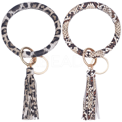 2Pcs 2 Colors PU Leather Tassel Bracelet Wristlet Keychain AJEW-SC0003-66B-1