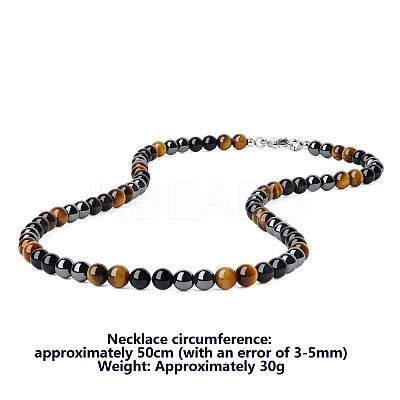 Synthetic Non-magnetic Hematite & Natural Tiger Eye & Obsidian Round Beaded Necklaces for Men LS-YX5918-1-1