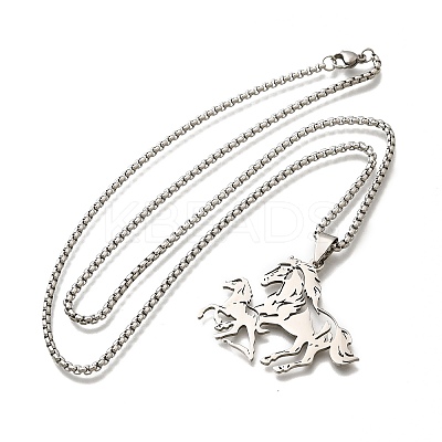201 Stainless Steel Laser Cut Double Horse Pendant Box Chain Necklaces for Women Men LS-NJEW-E156-03P-1