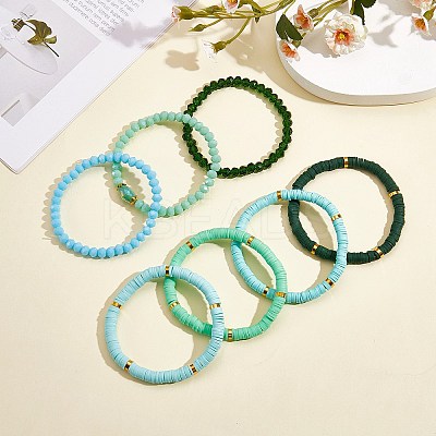 7Pcs 7 Style Handmade Polymer Clay Heishi Surfer Stretch Bracelets Set BJEW-SW00073-07-1
