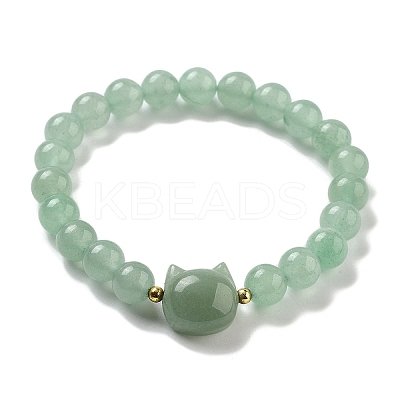 Round & Cat Head Natural Green Aventurine Beaded Stretch Bracelets for Women BJEW-K251-03B-1