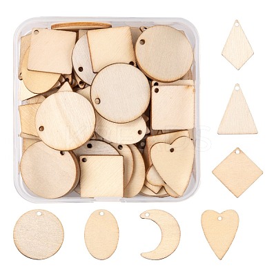 70Pcs 7 Style Unfinished Natural Poplar Wood Pendants WOOD-LS0001-21-1