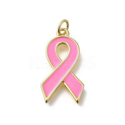 October Breast Cancer Pink Awareness Ribbon Brass Enamel Pendants LS-KK-S517-04F-G-1