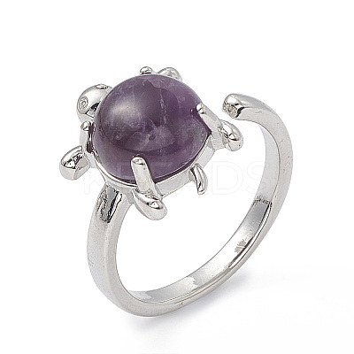 Natural Amethyst Turtle Open Cuff Ring RJEW-P082-01P-01-1
