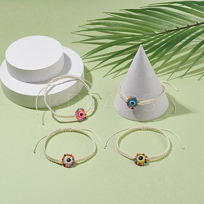 Flat Round with Evil Eye Glass & Resin Braided Bead Bracelet for Women BJEW-JB08077-1