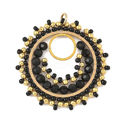 304 Stainless Steel & Brass & Dyed & Heated Natural Black Onyx & TOHO Glass Seed Beaded Pendants PALLOY-MZ01379-03-1