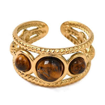 Round Natural Tiger Eye Finger Rings RJEW-Q822-31G-01-1