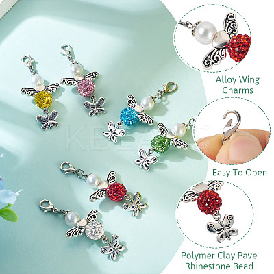 6Pcs 6 Colors Angel & Butterfly Alloy Beaded & Polymer Clay Pave Rhinestone Beaded Pendant Decoration HJEW-TA00339-1