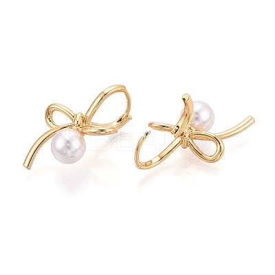 Brass ABS Imitation Pearl Bowknot Hoop Earrings KK-T077-27G-1