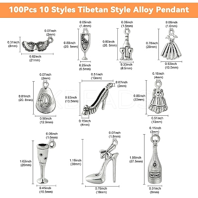 100Pcs 10 Styles Tibetan Style Alloy Pendant FIND-CJ0001-74-1