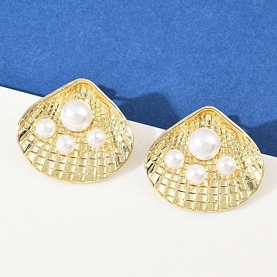 Brass Shell Shape Stud Earrings EJEW-S277-06G-1