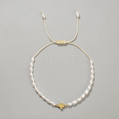Synthetic Non-magnetic Hematite Cross Imitation Pearl Beaded Braided Bracelets for Women DB0694-5-1