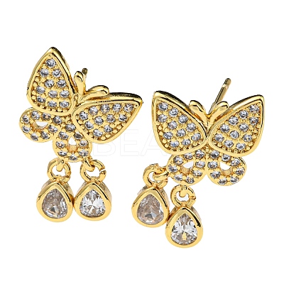 Rack Plating Brass Butterfly Dangle Stud Earrings with Cubic Zirconia for Women EJEW-L261-011G-1