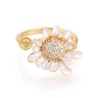 Flower Brass Micro Pave Clear Cubic Zirconia & Enamel Cuff Rings Setting KK-T079-47G-1