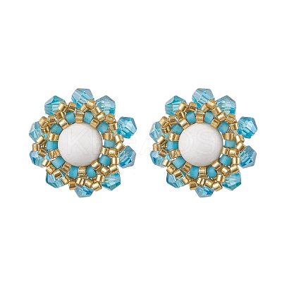Flower Glass Seed Beaded with Natural Mashan Jade Stud Earrings for Women EJEW-MZ00208-01-1