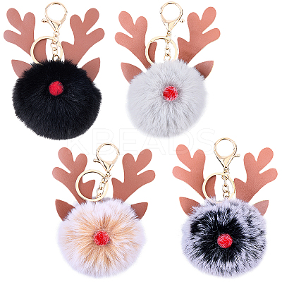 4Pcs 4 Colors Christmas Deer Antler Pom-Pom Keychains KEYC-CL0001-25-1