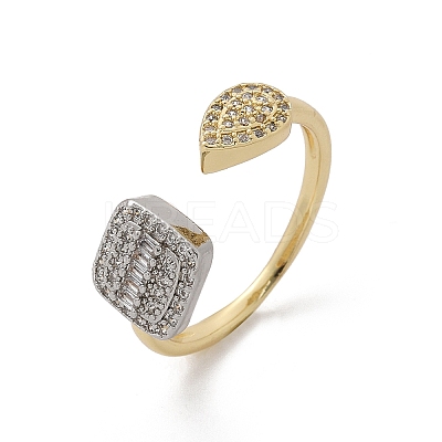 Teardrop & Square Brass Micro Pave Clear Cubic Zirconia Cuff Rings for Women RJEW-U041-24G-1