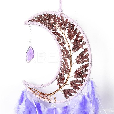 Natural Strawberry Quartz Chips Beaded Tree of Life Moon with Feather Pendant Decorations HJEW-M004-06-1