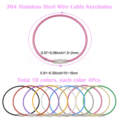 40Pcs 10 Style Heavy Duty 304 Stainless Steel Wire Cable Keychains FIND-SC0019-18-1