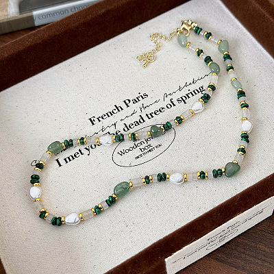 Synthetic Malachite & Natural  Green Aventurine & Plastic Pearl Beaded Necklaces for Women FS-WG716FC-01-1
