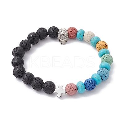 Natural Lava Rock & Synthetic Turquoise Beaded Stretch Bracelets BJEW-JB09985-01-1