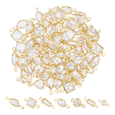 98Pcs 7 Styles Brass Pave Clear Faceted Glass Connector Charms KK-DC0004-60-1
