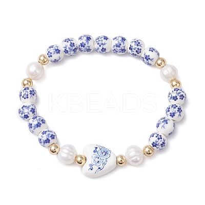 Handmade Flower Printed  Porcelain Ceramic & Natural Cultured Freshwater Pearl Beads Stretch Bracelets for Women BJEW-JB12877-1