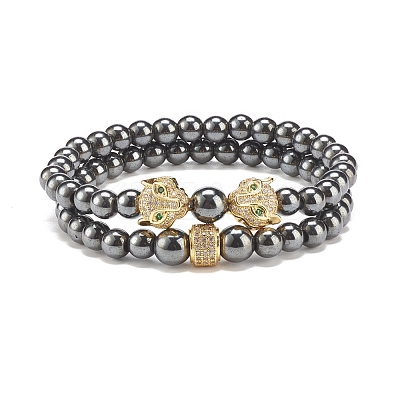 2Pcs 2 Style Synthetic Hematite Stretch Bracelets Sets BJEW-SZ0002-50G-1