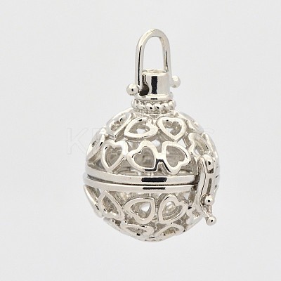 Filigree Heart Round Brass Cage Pendants KK-D389-07P-A-1