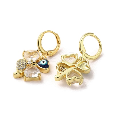 Clover with Evil Eye Real 18K Gold Plated Brass Dangle Leverback Earrings EJEW-Q797-20G-1