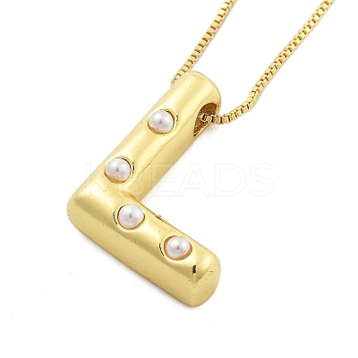 Brass & Plastic Pearl Letter Pendant Box Chain Necklaces for Women NJEW-U017-01G-12-1