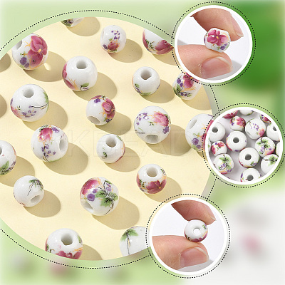 100Pcs 2 Styles Floral Printed Porcelain Beads PORC-SP0001-07-1