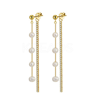Cubic Zirconia & Pearl Beaded Front Back Stud Earrings EJEW-P231-21G-1