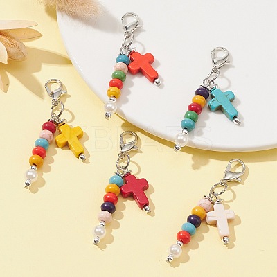 Cross & Round Synthetic Turquoise Pendant Decoration HJEW-JM01174-1