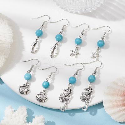 4 Pairs 4 Styles Synthetic Turquoise Beaded Dangle Earrings EJEW-JE05496-S-1
