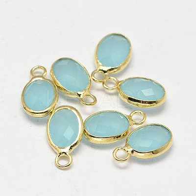 Oval Faceted Golden Tone Brass Glass Charms X-GLAA-O015-G-1