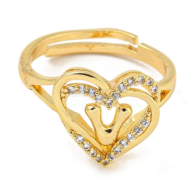 Heart with Letter Rack Plating Brass Micro Pave Clear Cubic Zirconia Adjustable Rings for Women RJEW-I105-01G-V-1
