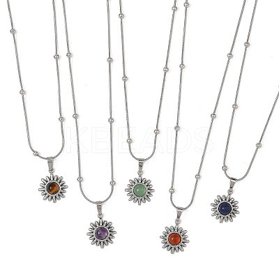 Natural Mixed Stone 304 Stainless Steel Sun Pendant Satellite Chain Necklaces NJEW-JN06501-1
