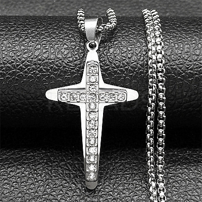 201 Stainless Steel Crystal Rhinestone Religion Cross Pendant Necklaces NJEW-H065-11P-1