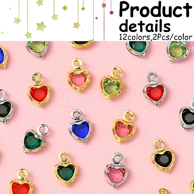 24Pcs 12 Colors Heart Rack Plating Brass Glass Charms KK-FS0001-39-1